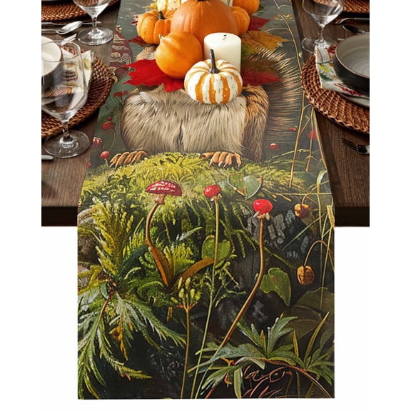 Fall Table Runner Thanksgiving Squirrel Mushroom Table Runners Forest Nature Plant Cotton Linen Dresser Scarf Kitchen Dining Table Decor for Fall Holiday Party Decor 13x72 Inch