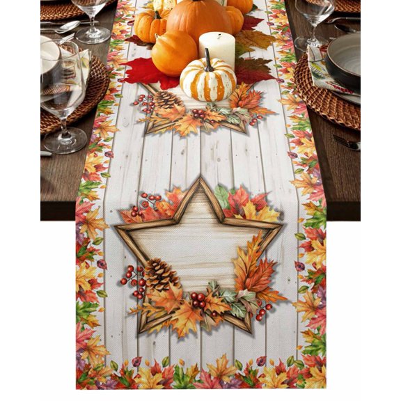 Fall Table Runner Thanksgiving Stars Maple Leaf Table Runners Berry Pine Cone Wood Grain Cotton Linen Dresser Scarf Kitchen Dining Table Decor for Fall Holiday Party Decor 13x36 Inch