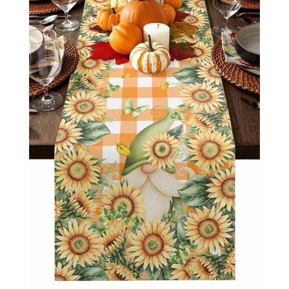 Fall Table Runner Thanksgiving Sunflower Gnome Table Runners Floral Butterfly Orange Buffalo Plaid Cotton Linen Dresser Scarf Kitchen Dining Table Decor for Fall Holiday Party Decor 13x36 Inch