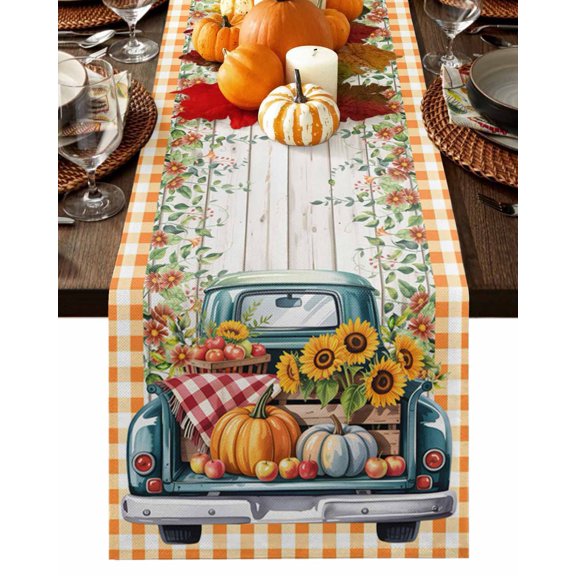 Fall Table Runner Thanksgiving Sunflower Pumpkin Truck Table Runners Flower Green Leaves Wood Plaid Cotton Linen Dresser Scarf Kitchen Dining Table Decor for Fall Holiday Party Decor 13x36 Inch