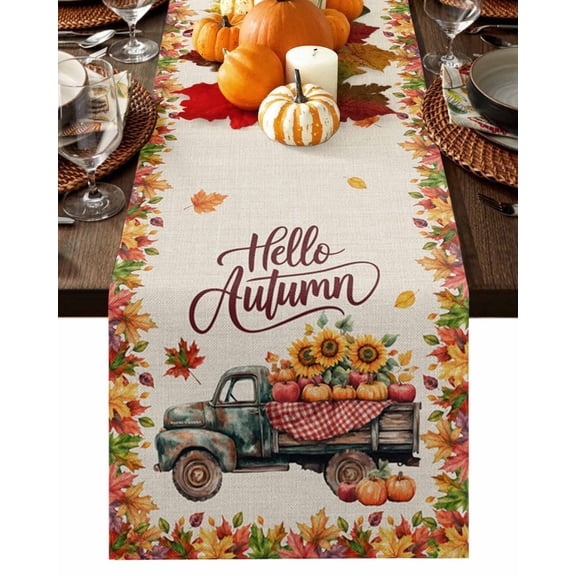 Fall Table Runner Thanksgiving Sunflower Pumpkin Truck Table Runners Maple Leaf Linen Hello Autumn Cotton Linen Dresser Scarf Kitchen Dining Table Decor for Fall Holiday Party Decor 13x36 Inch