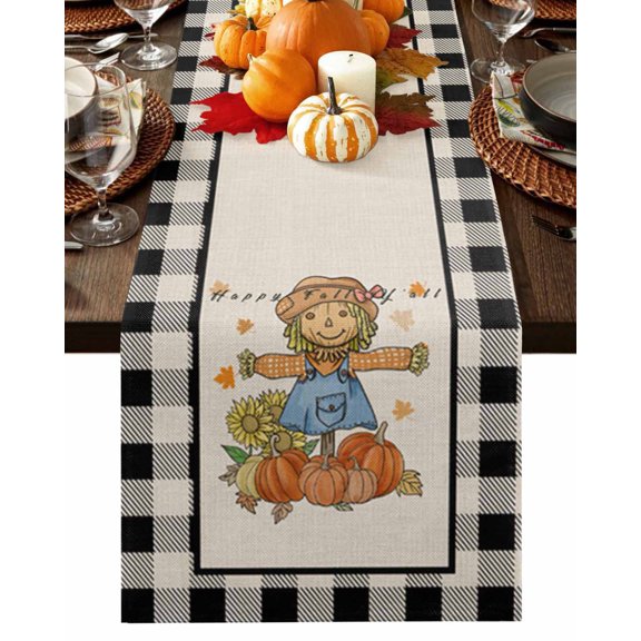 Fall Table Runner Thanksgiving Sunflower Scarecrow Pumpkin Table Runners Black Buffalo Plaid Cotton Linen Dresser Scarf Kitchen Dining Table Decor for Fall Holiday Party Decor 13x36 Inch