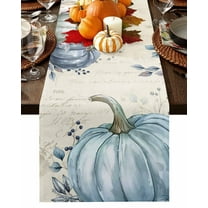 Fall Table Runner Thanksgiving Teal Blue Pumpkin Table Runners Autumn Berry Leaves Pumpkin Cotton Linen Dresser Scarf Kitchen Dining Table Decor for Fall Holiday Party Decor 13x72 Inch