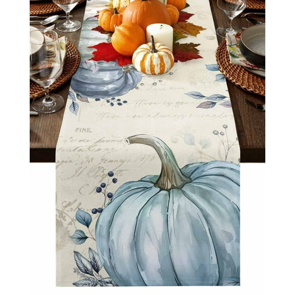 Fall Table Runner Thanksgiving Teal Blue Pumpkin Table Runners Autumn Berry Leaves Pumpkin Cotton Linen Dresser Scarf Kitchen Dining Table Decor for Fall Holiday Party Decor 13x72 Inch
