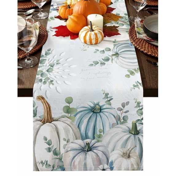Fall Table Runner Thanksgiving Teal White Pumpkin Table Runners Floral Sage Green Eucalyptus Leaf Cotton Linen Dresser Scarf Kitchen Dining Table Decor for Fall Holiday Party Decor 13x72 Inch