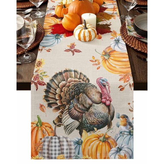 Fall Table Runner Thanksgiving Turkey Pumpkin Table Runners Bird Autumn Maple Leaf Linen Cotton Linen Dresser Scarf Kitchen Dining Table Decor for Fall Holiday Party Decor 13x72 Inch