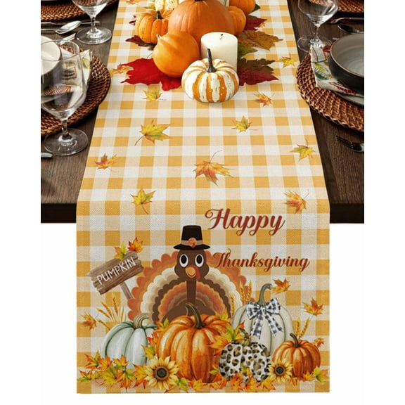 Fall Table Runner Thanksgiving Turkey Pumpkin Table Runners Maple Leaf Happy Thanksgiving Orange Plaid Cotton Linen Dresser Scarf Kitchen Dining Table Decor for Fall Holiday Party Decor 13x72 Inch