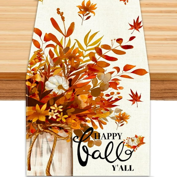 Fall Table Runner Thanksgiving Vase Floral Happy Y’All Tabletop Runner Autumn Harvest Seasonal Table Burlap Decoration for Farmhouse Kitchen Dinning Indoor Home Party 13.8x71in