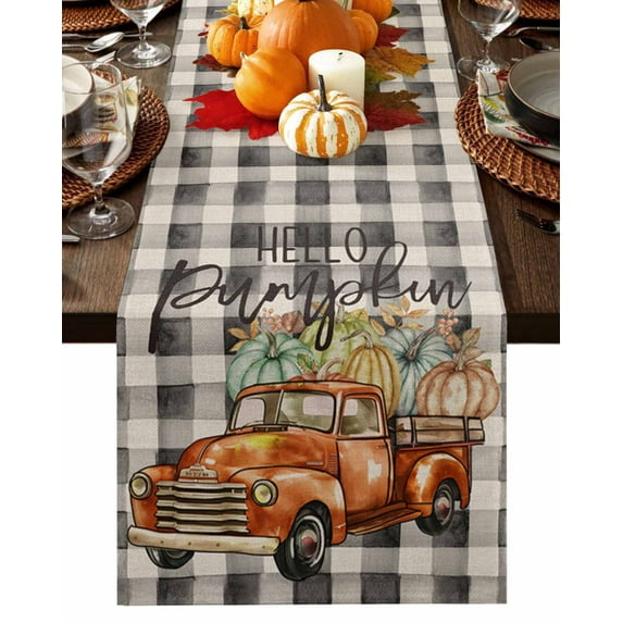 Fall Table Runner Thanksgiving Watercolor Orange Truck Table Runners Pumpkin Leaves Buffalo Plaid Cotton Linen Dresser Scarf Kitchen Dining Table Decor for Fall Holiday Party Decor 13x90 Inch