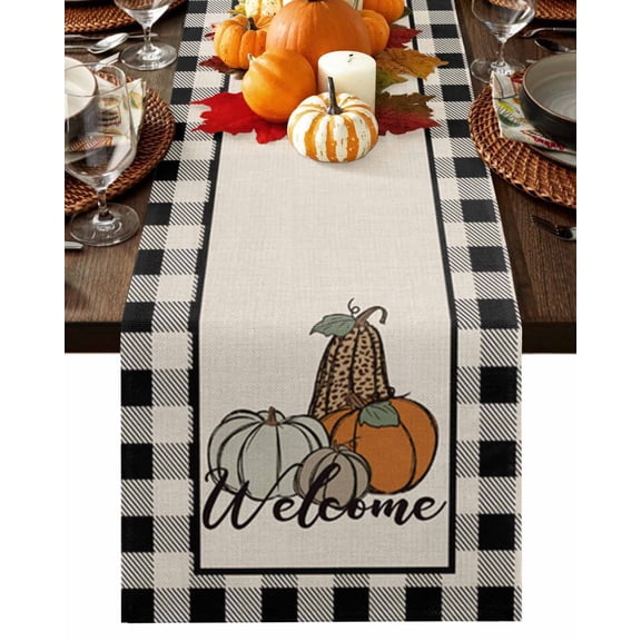 Fall Table Runner Thanksgiving Welcome Pumpkin Table Runners Black Buffalo Plaid Cotton Linen Dresser Scarf Kitchen Dining Table Decor for Fall Holiday Party Decor 13x36 Inch