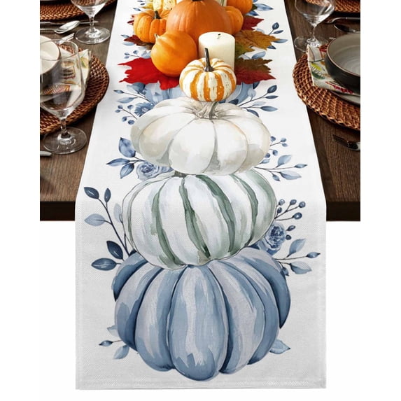 Fall Table Runner Thanksgiving White Blue Pumpkin Table Runners Floral Eucalyptus Leaves Cotton Linen Dresser Scarf Kitchen Dining Table Decor for Fall Holiday Party Decor 13x72 Inch