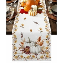 Fall Table Runner Thanksgiving White Pumpkin Table Runners Autumn Maple Leaf Berry Flower Cotton Linen Dresser Scarf Kitchen Dining Table Decor for Fall Holiday Party Decor 13x72 Inch