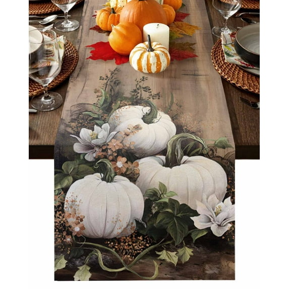 Fall Table Runner Thanksgiving White Pumpkin Table Runners Floral Leaves Cotton Linen Dresser Scarf Kitchen Dining Table Decor for Fall Holiday Party Decor 13x36 Inch