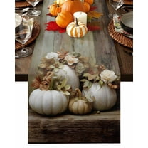 Fall Table Runner Thanksgiving White Pumpkin Table Runners Flower Oil Painting Cotton Linen Dresser Scarf Kitchen Dining Table Decor for Fall Holiday Party Decor 13x72 Inch