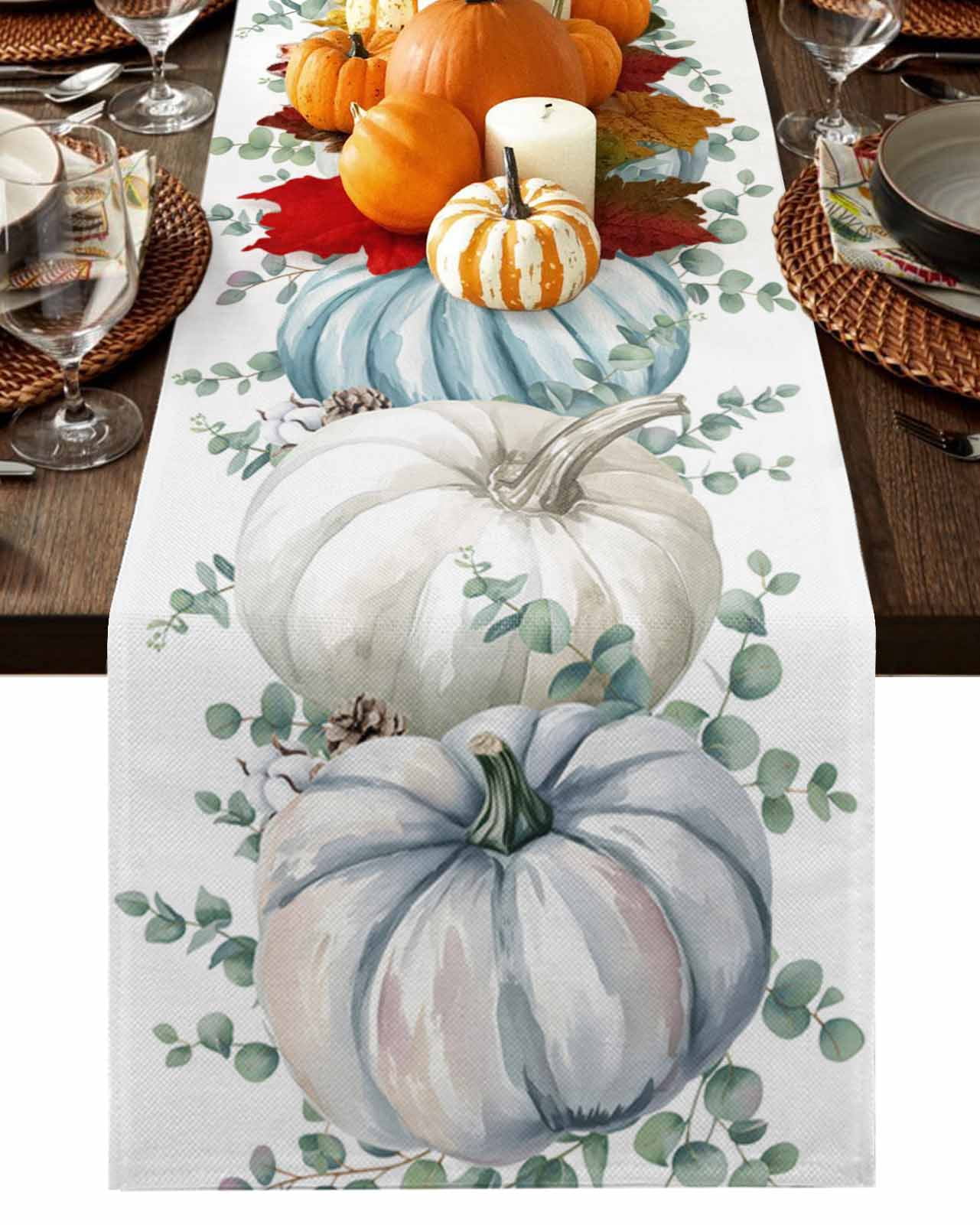 Fall Table Runner Thanksgiving White Teal Blue Pumpkin Table Runners ...