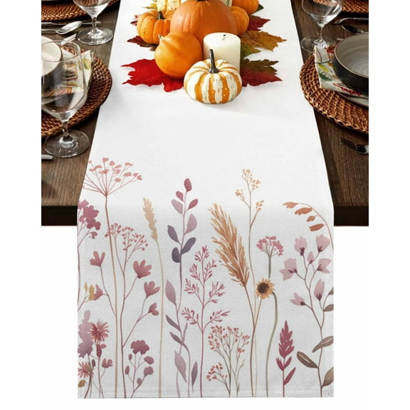 Fall Table Runner Thanksgiving Wild Flowers Table Runners Sunflower Autumn Leaves Plant Cotton Linen Dresser Scarf Kitchen Dining Table Decor for Fall Holiday Party Decor 13x72 Inch