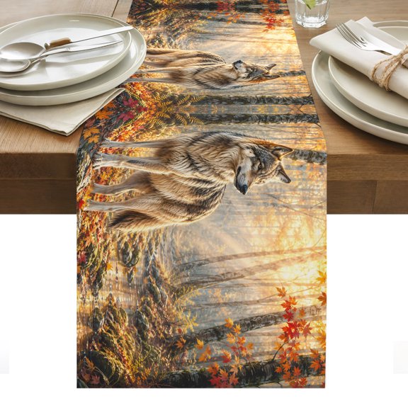 Fall Table Runner, Timber Wolf Orange Maple Leaves Forest Creek Sunbeam Rustic Washable Kitchen Table Runners Dress Scarves for Dining Table Decorations Party/Restaurant/Indoor Outdoor Use, 13x36in