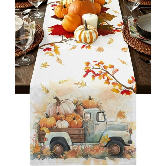 Fall Table Runner Truck with Pumpkin Table Runners for Dining Room Maple Leaf Tree Branch Dinner Runner Thanksgiving Kitchen Decor 13.8" x 71"