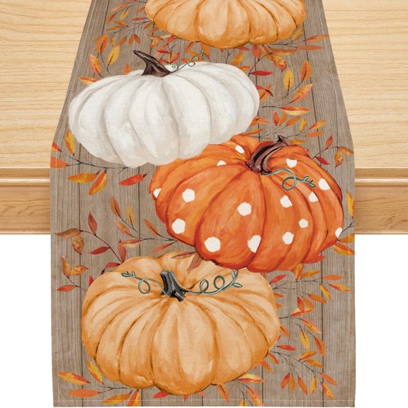 Fall Table Runner, Wood Eucalyptus Orange Pumpkin Runner Seasonal Autumn Home Party Decor Dining Table Decorations 13x72 Inch
