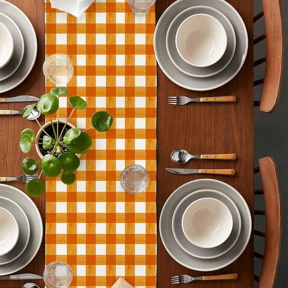 Fall Table Runner, Xinsrenus Festive Plaid Table Runner, 13x72 Inch Linen Farmhouse Tablecloth for Kitchen Dining Christmas Party Decor