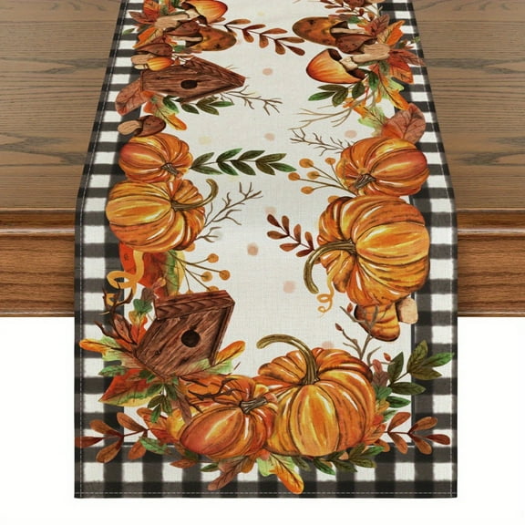 Fall Table Runner with Pumpkins and Birdhouse Design, Buffalo Check Border, Autumn Harvest Decor
