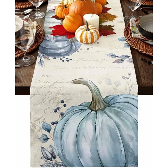 Fall Table Runners Blue White Pumpkin Thanksgiving Runners for Dining Tables Retro Watercolor Leaves Autumn Seasonal Dinner Runner Kitchen Party Table Decoration 13x108 Inch
