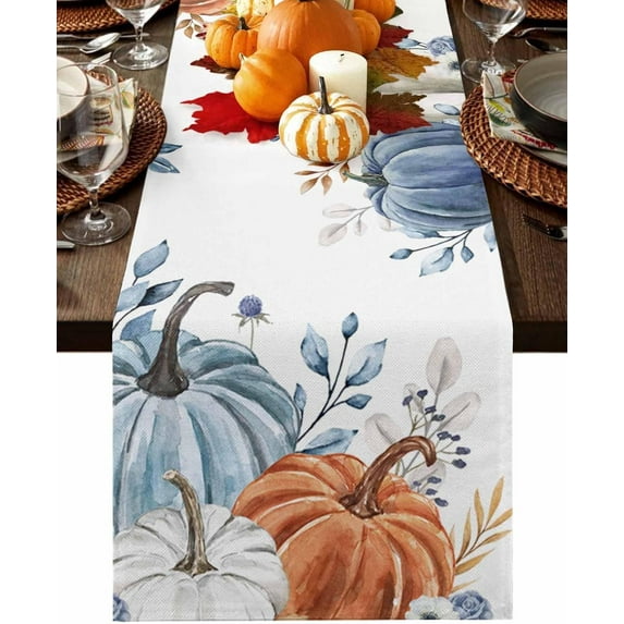 Fall Table Runners Watercolor Pumpkin Thanksgiving Table Runner for Dining Tables Autumn Blue Leaves Seasonal Autumn Dinner Table Runner for Kitchen Party Table Decoration 13x48 Inch