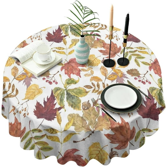 Fall Table cloth Table Decoration, Autumn Fall Leaf and Pine Cone Round Table Cover Kitchen Farmhouse. Thanksgiving Harvest Holiday Party Picnic Dinner Decor 60x60inch.