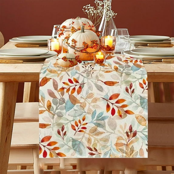 Fall Tablecloth 13x72 Inch Rectangular, Thanksgiving Autumn Harvest Orange Blue Watercolor Leaf Table Cover for Home Party Picnic Dinner Decor