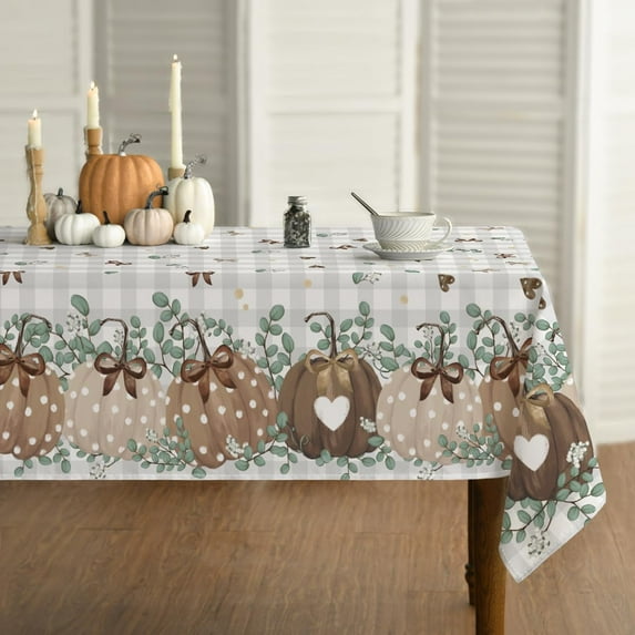 Fall Tablecloth 52x70 Inch Rectangular, Thanksgiving Autumn Harvest Brown Pumpkin Grey Buffalo Plaid Table Cover for Party Picnic Dinner Decor