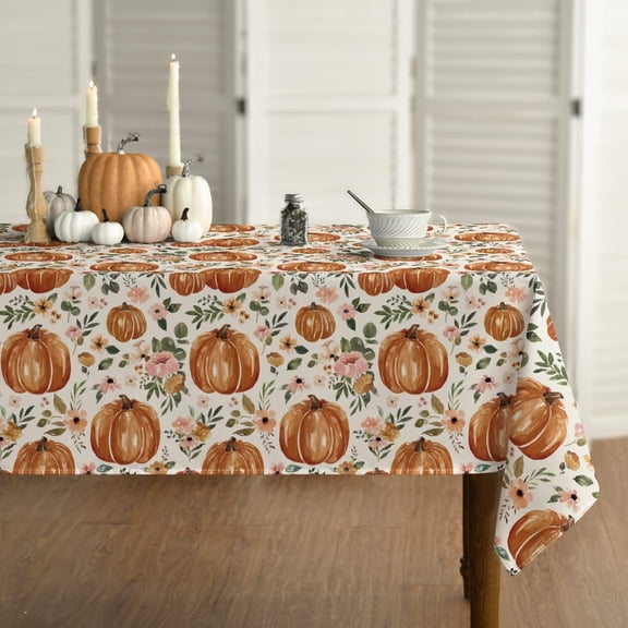 Fall Tablecloth 52x70 Inch Rectangular, Thanksgiving Autumn Harvest Watercolor Orange Pumpkin Pink Flower Table Cover for Party Picnic Dinner Decor