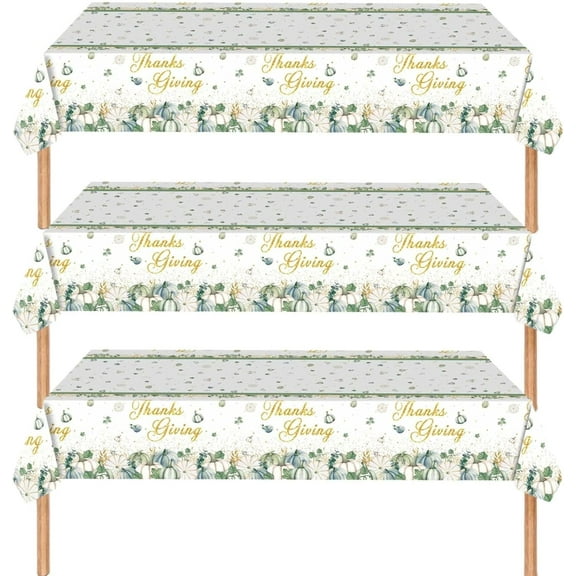 3 Pack Green Pumpkin Theme Thanksgiving Tablecloth Disposable Plastic Fall Table Cover for Holiday Dining 54x108 Inch Rectangle