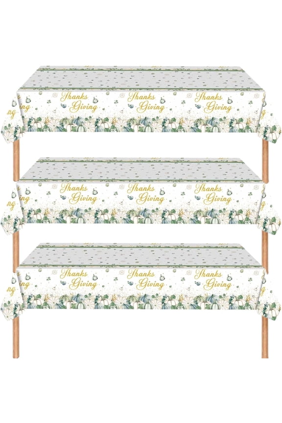 3 Pack Green Pumpkin Theme Thanksgiving Tablecloth Disposable Plastic Fall Table Cover for Holiday Dining 54x108 Inch Rectangle