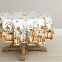 Fall Tablecloth 60×60 Inch Round, Orange Grey Pumpkin Autumn Harvest Flower Washable Seasonal Table Cover for Party Picnic Dinner Decor