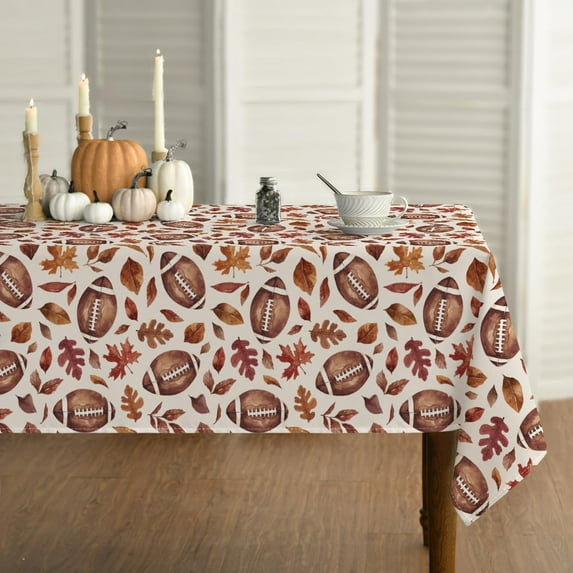 Fall Tablecloth 60×60 Inch Square, Thanksgiving Autumn Harvest Brown Leaves Football Table Cover for Party Picnic Dinner Decor