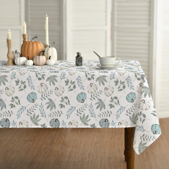 Fall Tablecloth 60×84 Inch Oval, Thanksgiving Autumn Harvest White Pumpkin Orange Leaf Table Cover for Party Picnic Dinner Decor