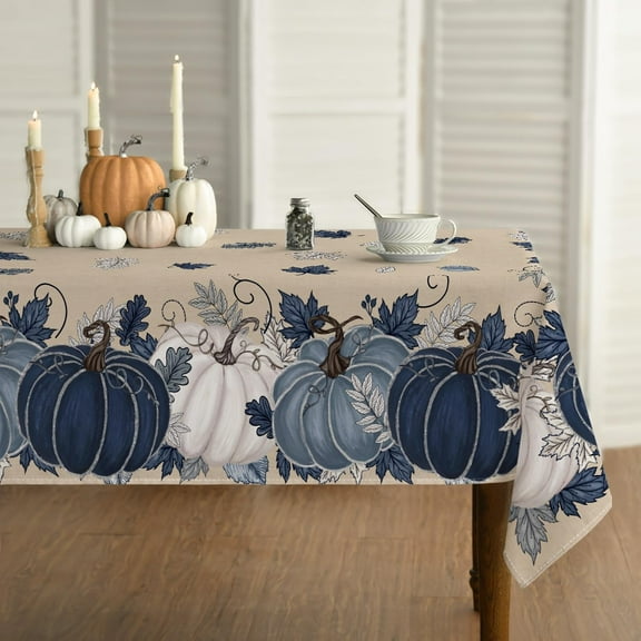 Fall Tablecloth 60×84 Inch Rectangular, Autumn Harvest Blue Pumpkin Floral Washable Seasonal Table Cover for Party Picnic Dinner Decor