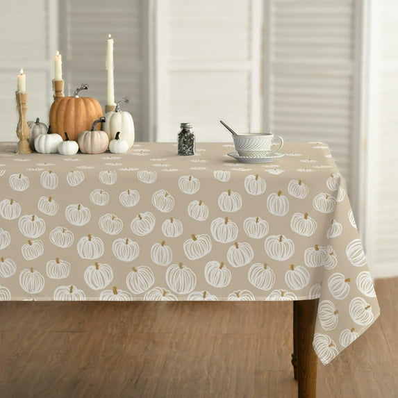 Fall Tablecloth 60×84 Inch Rectangular, Autumn Harvest Pumpkin Beige White Washable Seasonal Table Cover for Party Picnic Dinner Decor