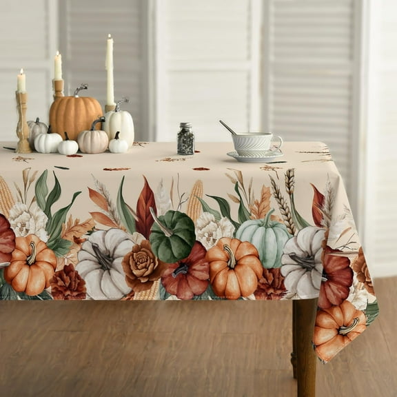 Fall Tablecloth 60×84 Inch Rectangular, Flower Autumn Harvest Pumpkin Washable Seasonal Table Cover for Party Picnic Dinner Decor
