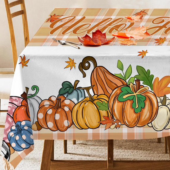 Fall Tablecloth 60×84 Inches, Orange Buffalo Plaid Fall Tablecloth Decorations for Home, Harvest Season Pumpkin Table Cloth Rectangle for Kitchen Dining Party Table Outdoor Thanksgiving Farmhouse