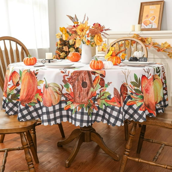 Fall Tablecloth 60 x 60 Inch Round, Fall Decorations for Home Buffalo Plaid Pumpkin Fall Table Cloths Seasonal Thanksgiving Decor Scallop Edge Table Cover Party Dining Table Decorations