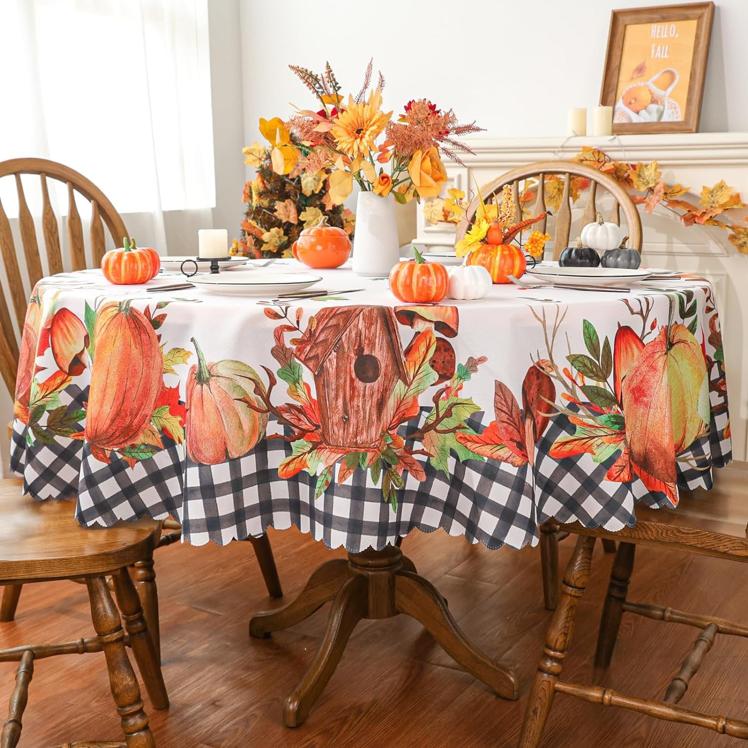 Fall Tablecloth 60 x 60 Inch Round, Fall Decorations for Home Buffalo