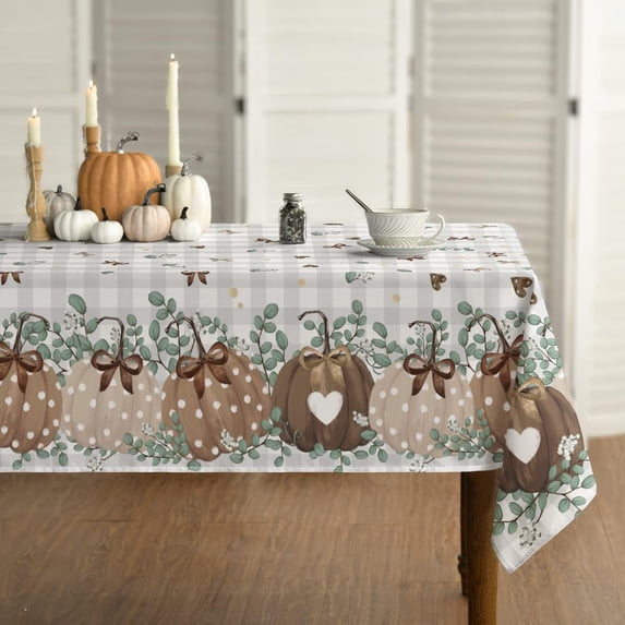 Fall Tablecloth 60x104 Inch Rectangular, Thanksgiving Autumn Harvest Brown Pumpkin Grey Buffalo Plaid Table Cover for Party Picnic Dinner Decor