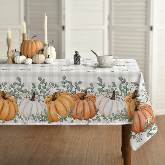 Fall Tablecloth 60x104 Inch Rectangular, Thanksgiving Autumn Harvest Orange Pumpkin Buffalo Plaid Table Cover for Party Picnic Dinner Decor