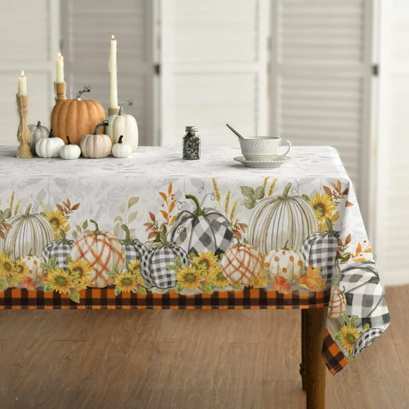 Fall Tablecloth 60x104 Inch Rectangular, Thanksgiving Autumn Harvest Pumpkins Orange Buffalo Plaid Table Cover for Party Picnic Dinner Decor