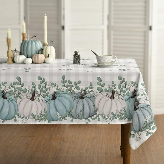Fall Tablecloth 60x120 Inch Rectangular, Thanksgiving Autumn Harvest Blue Pumpkin Buffalo Plaid Table Cover for Party Picnic Dinner Decor