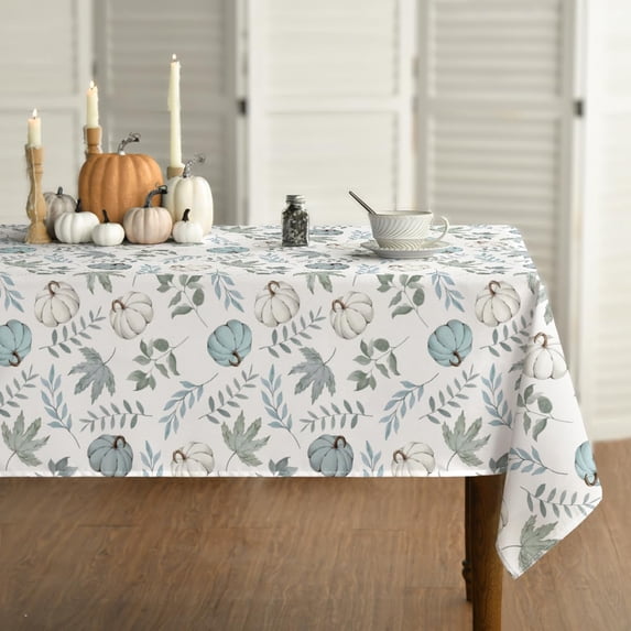 Fall Tablecloth 60x120 Inch Rectangular, Thanksgiving Autumn Harvest Blue Pumpkins and Leaves Table Cover for Party Picnic Dinner Decor