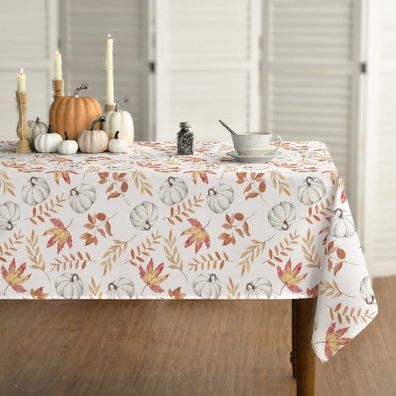 Fall Tablecloth 60x120 Inch, Thanksgiving Autumn Harvest White Pumpkin Orange Leaf Table Cover for Party Picnic Dinner Decor