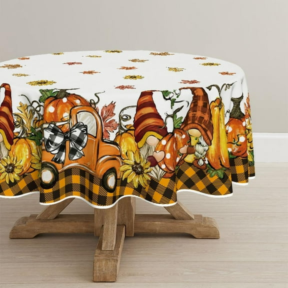 Fall Tablecloth 60x60 Inch Round, Thanksgiving Autumn Harvest Orange Truck Gnome Pumpkin Buffalo Plaid Table Cover for Party Picnic Dinner Decor