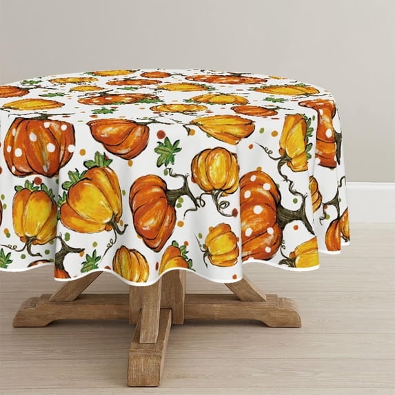 Fall Tablecloth 60x60 Inch Round, Thanksgiving Autumn Harvest Orange Watercolor Pumpkins Table Cover for Party Picnic Dinner Decor